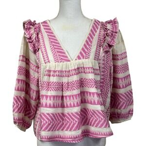 Just Bellina La Fuori Pink Geometric Cotton Ruffle Top Large NWT Boho India
